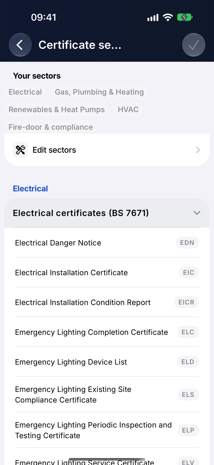 Certificate setup with the Electrical certificates group open, showing its forms and their codes