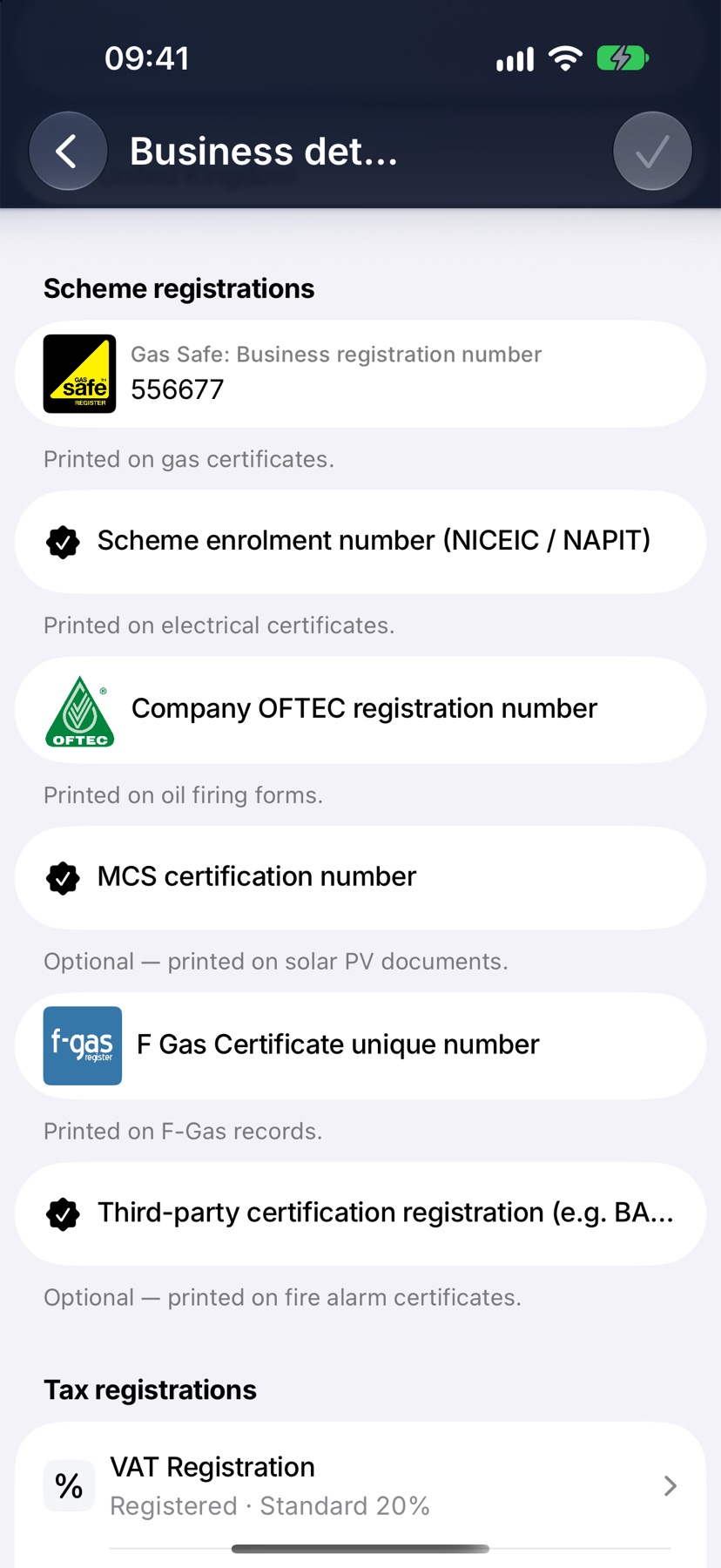 Business details scrolled to Scheme registrations, with a Gas Safe business registration number typed in