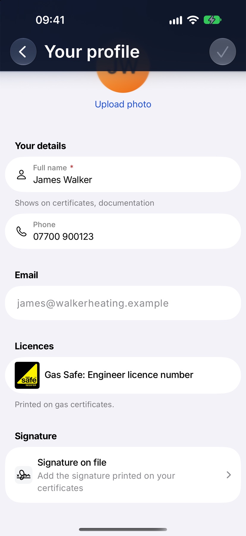 Your profile scrolled to Licences and Signature, with the Gas Safe engineer licence number field and the Signature on file row below