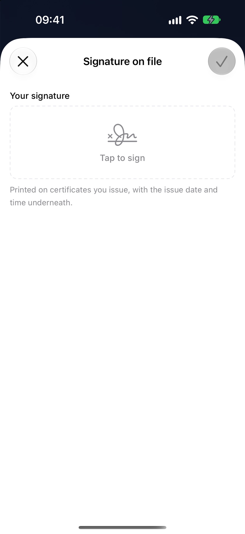 The Signature on file sheet with the Your signature box reading Tap to sign