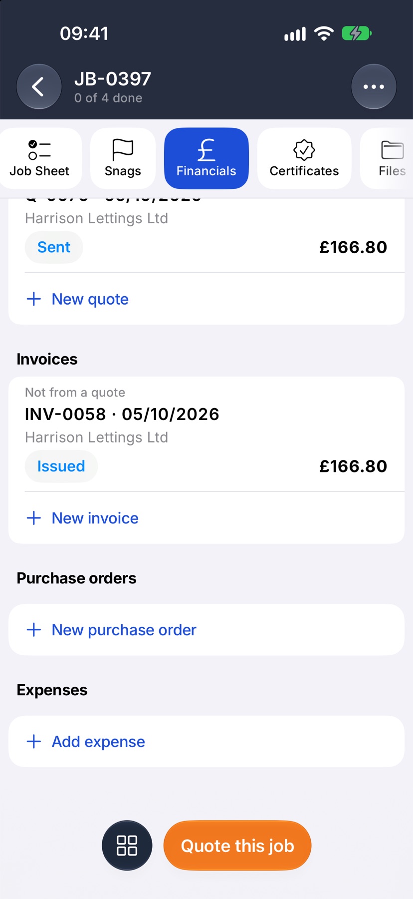 The lower half of the Financials tab: a sent quote, an invoice, purchase orders and expenses