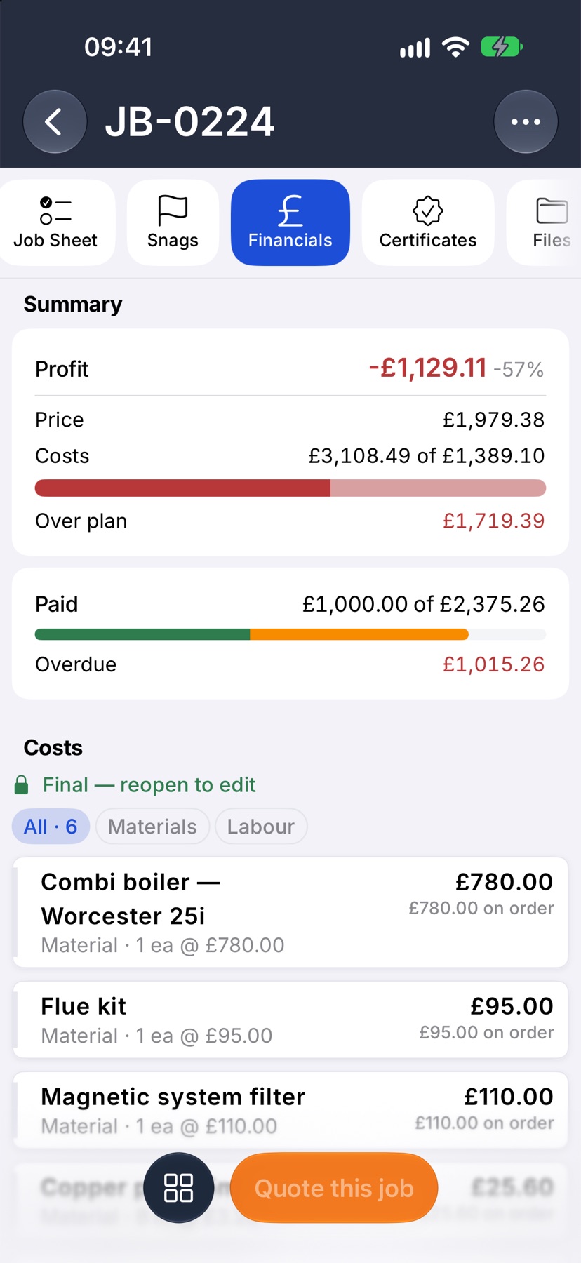 A job whose costs are over plan and whose invoice is part paid and overdue, with those figures in red