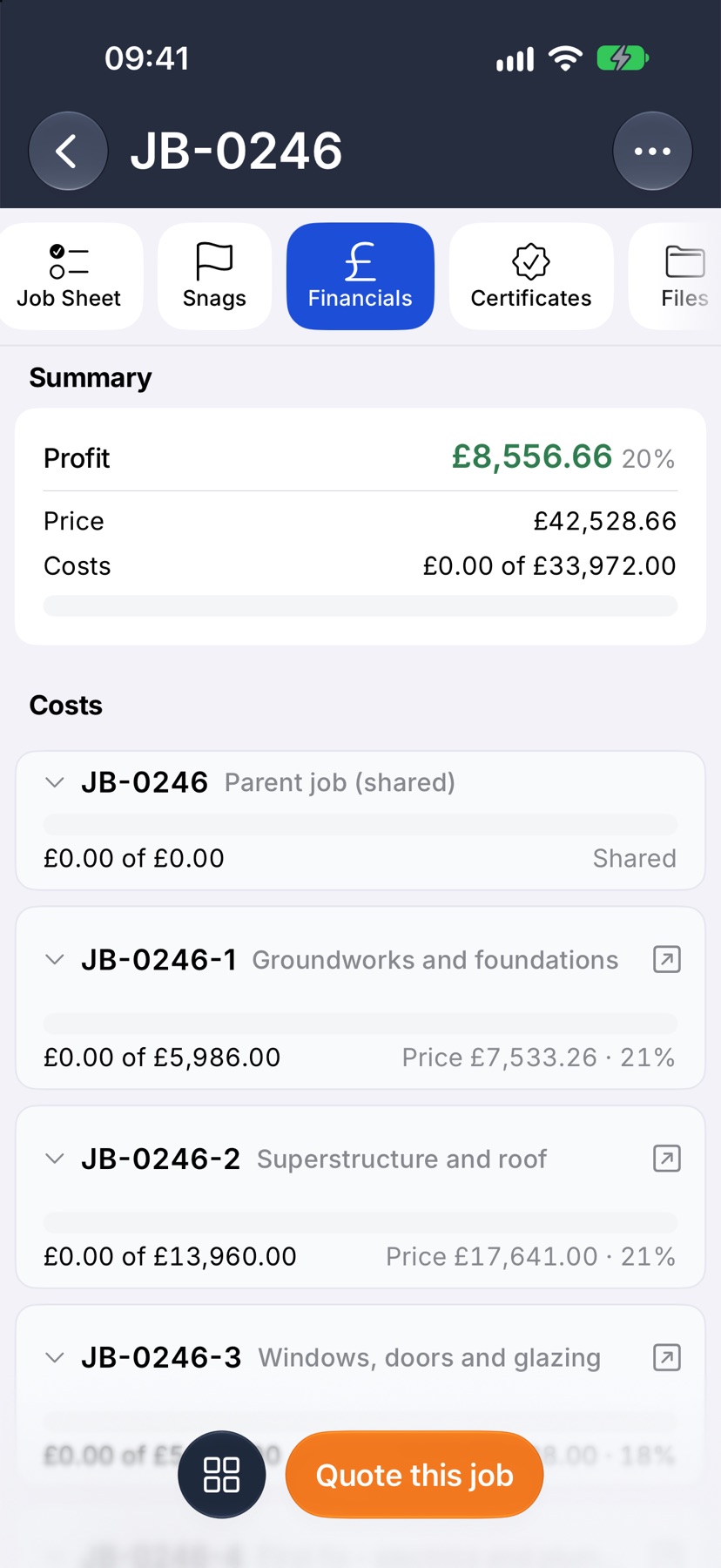 A job with sub-jobs: one Summary, then a row per sub-job showing spend against plan, price and margin