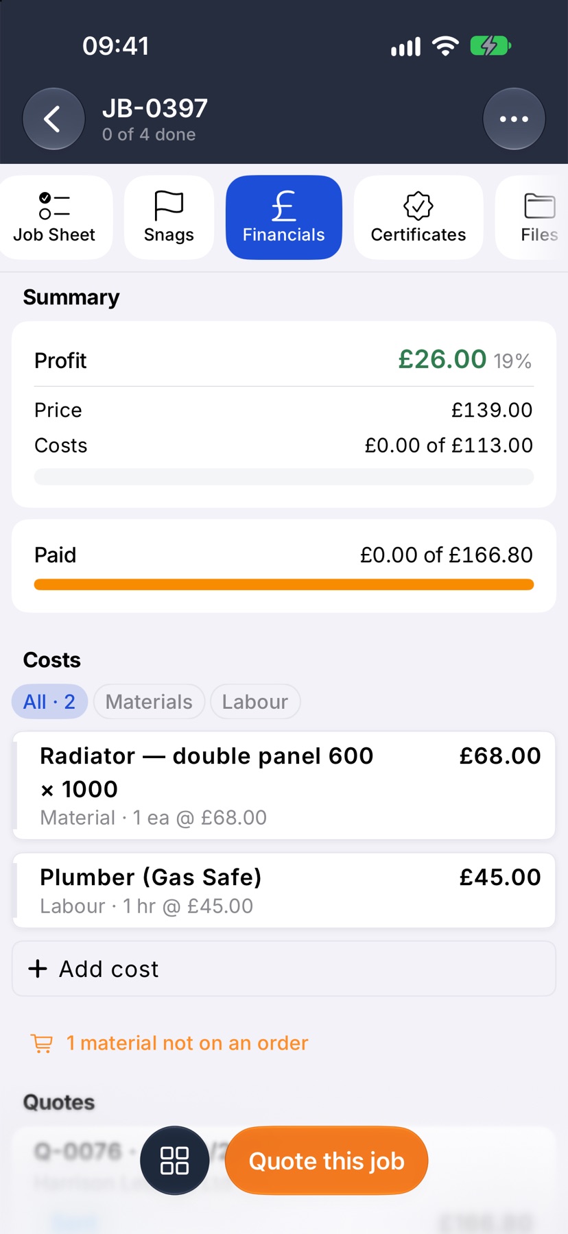 A job's Financials tab, with the Financials tab selected