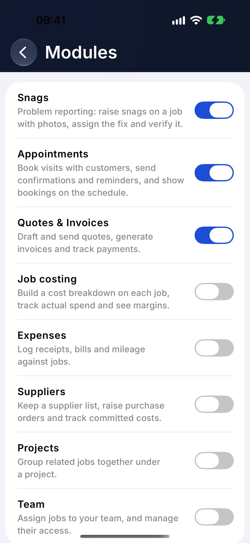 The Modules screen with Job costing, Expenses, Suppliers, Projects and Team switched off