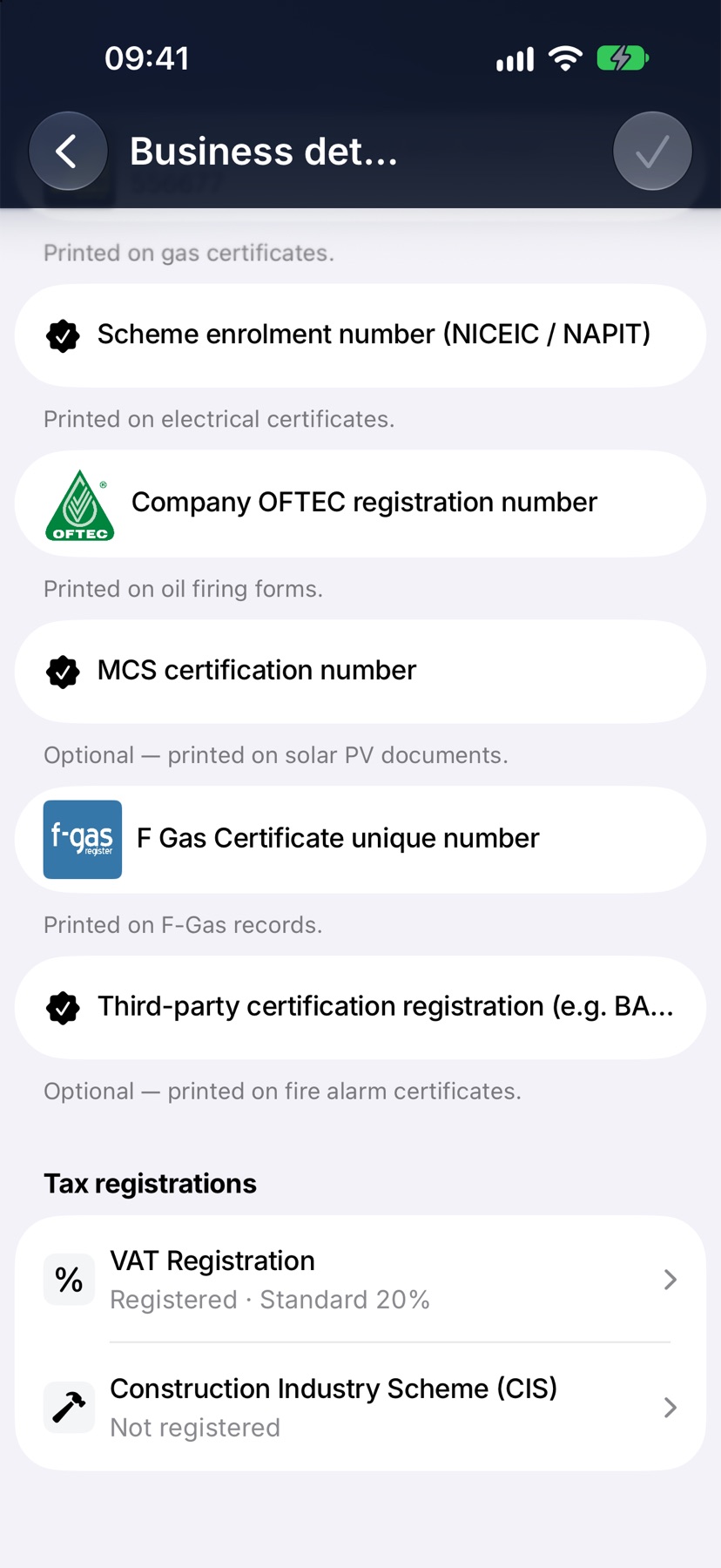 The Business details screen scrolled to Tax registrations, showing the VAT Registration row and the Construction Industry Scheme (CIS) row reading 'Not registered'