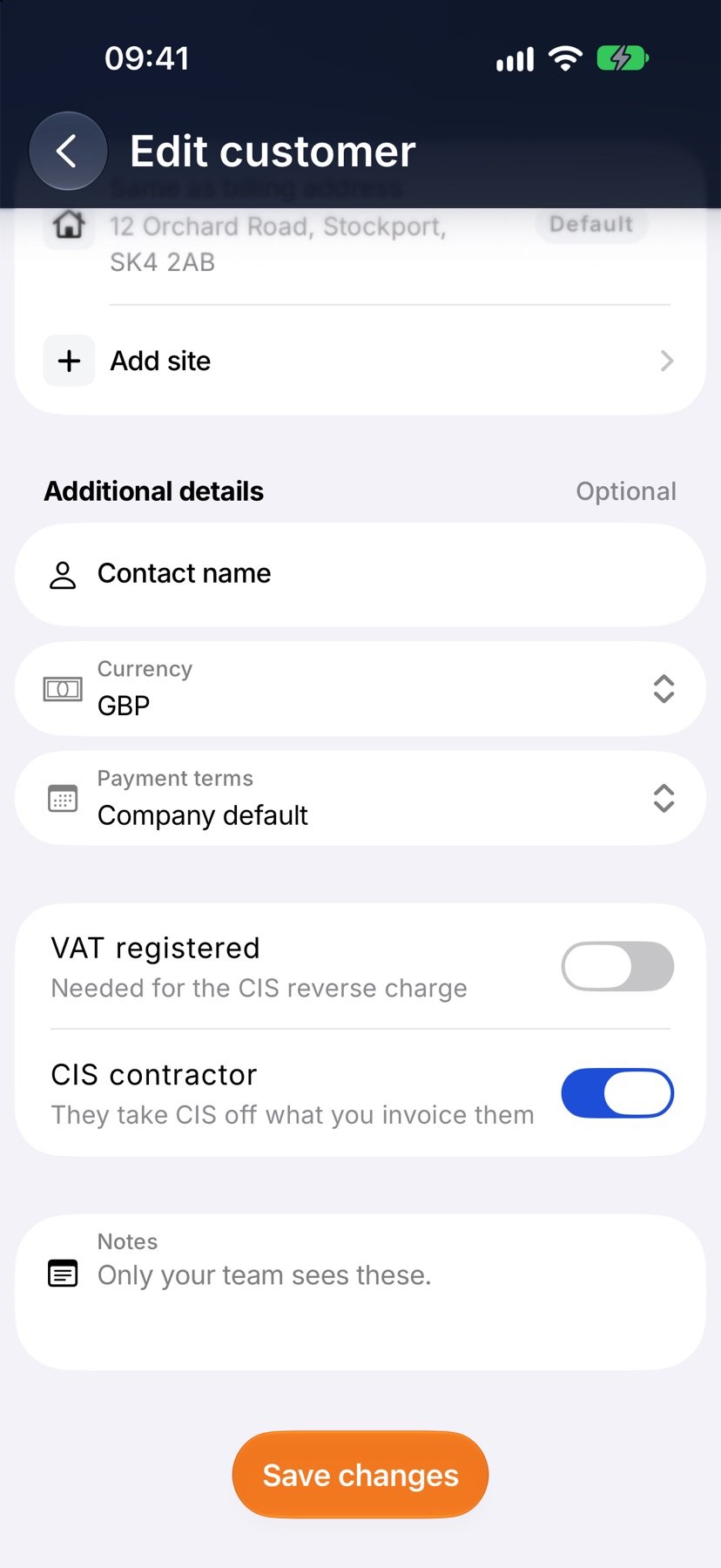 The Edit customer form for Harrison Lettings Ltd scrolled to the switches under Additional details, with CIS contractor switched on