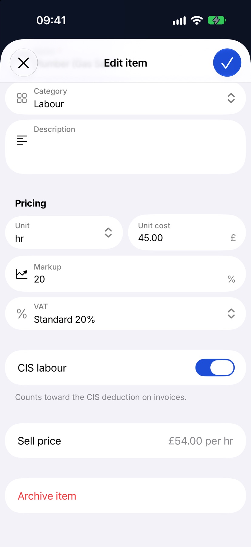 The Edit item sheet for a labour item, scrolled to the CIS labour switch, switched on