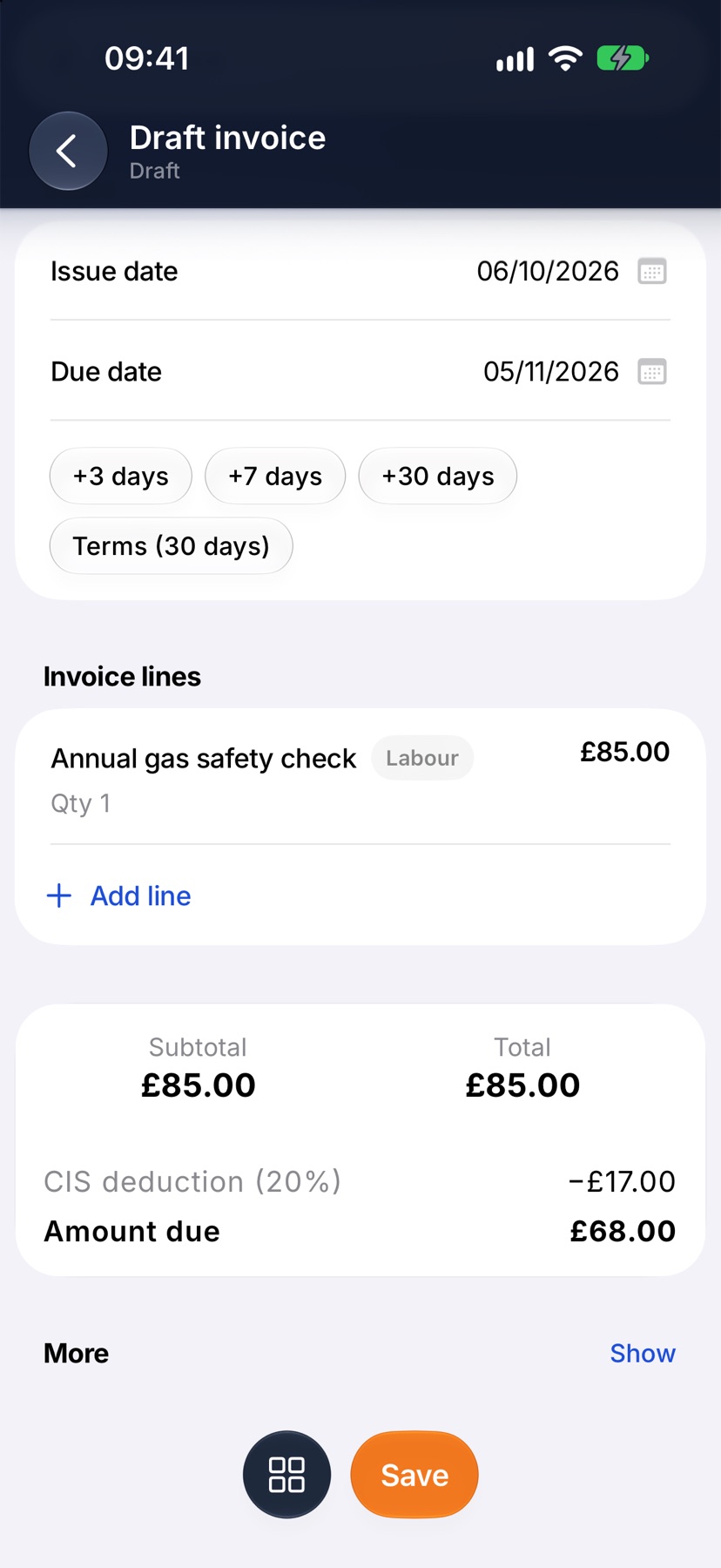 An invoice for a CIS contractor customer scrolled to its totals, showing the total, the 'CIS deduction (20%)' row and the Amount due row