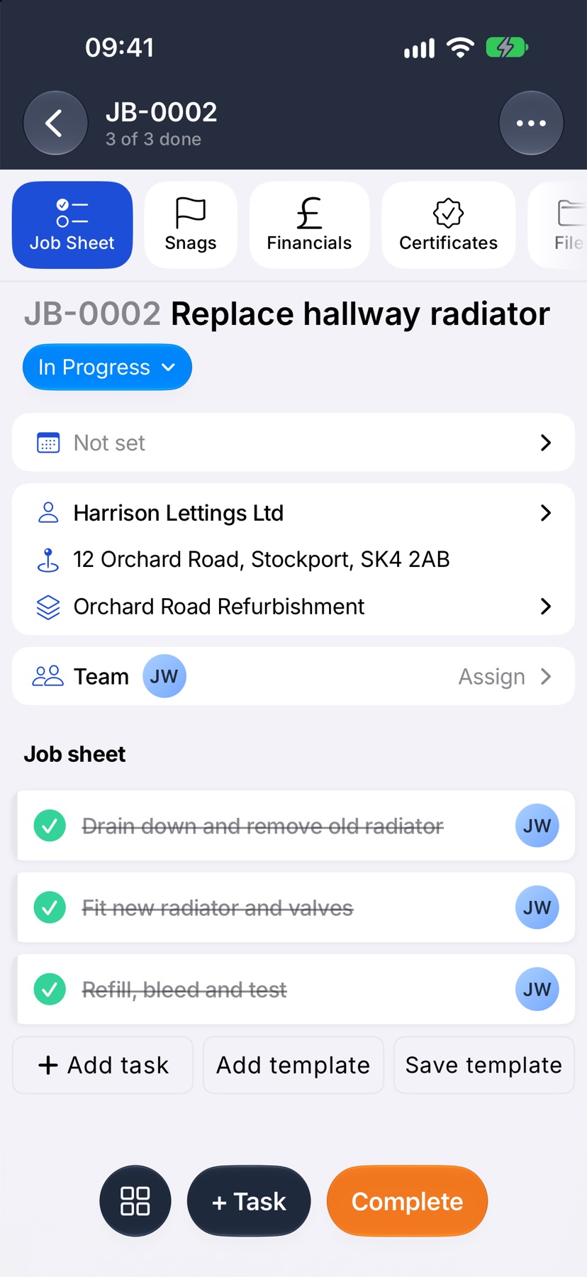 A job open on Job Sheet with every task ticked, and the bottom bar showing the grid button, + Task and Complete