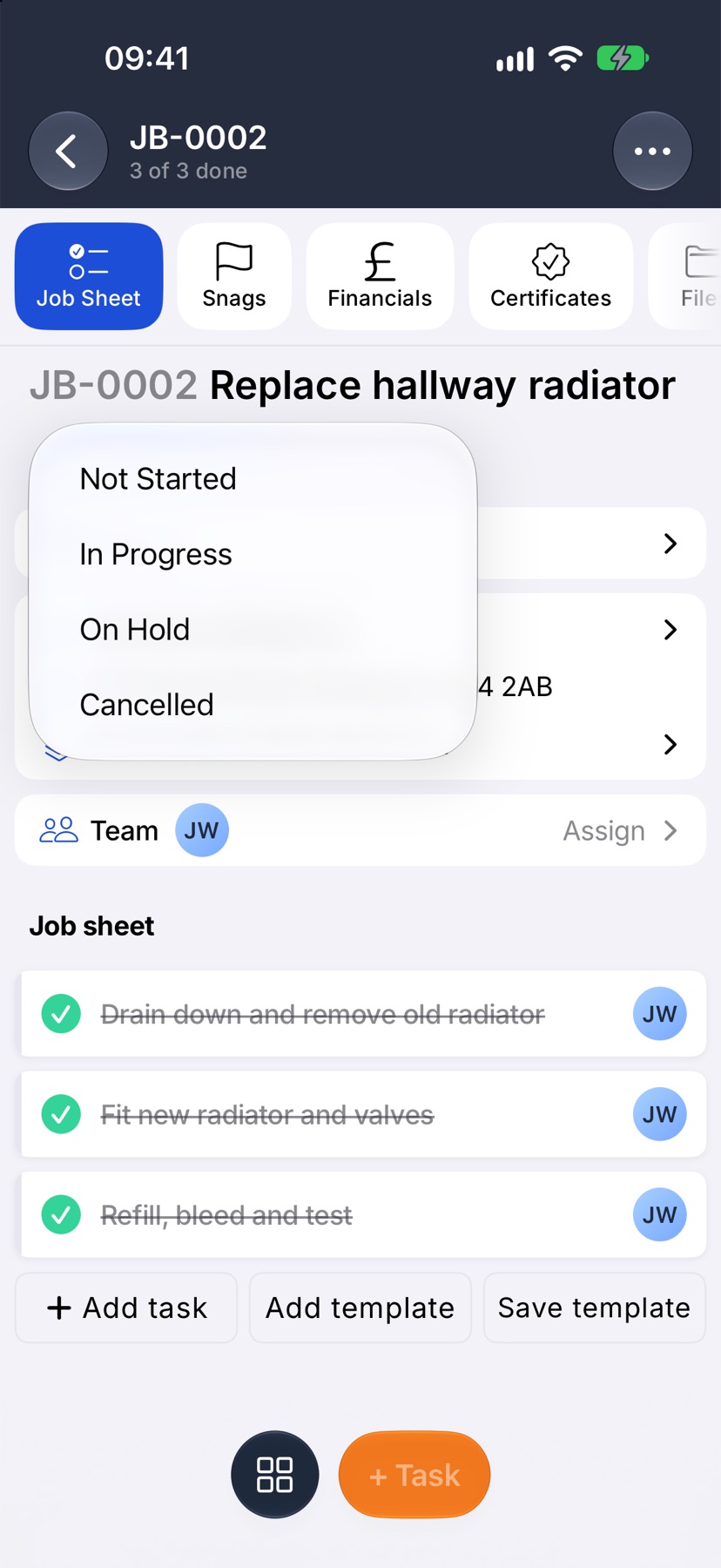A completed job page with the status menu open, listing Not Started, In Progress, On Hold and Cancelled
