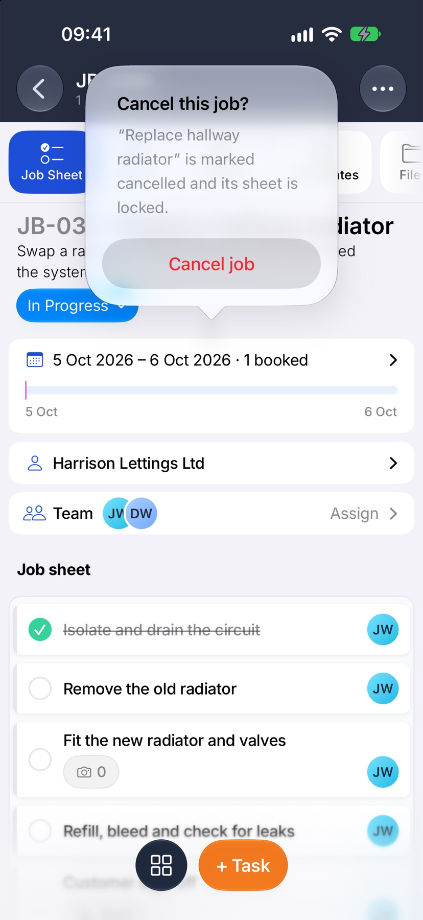 The Cancel this job? confirmation with Cancel job in red