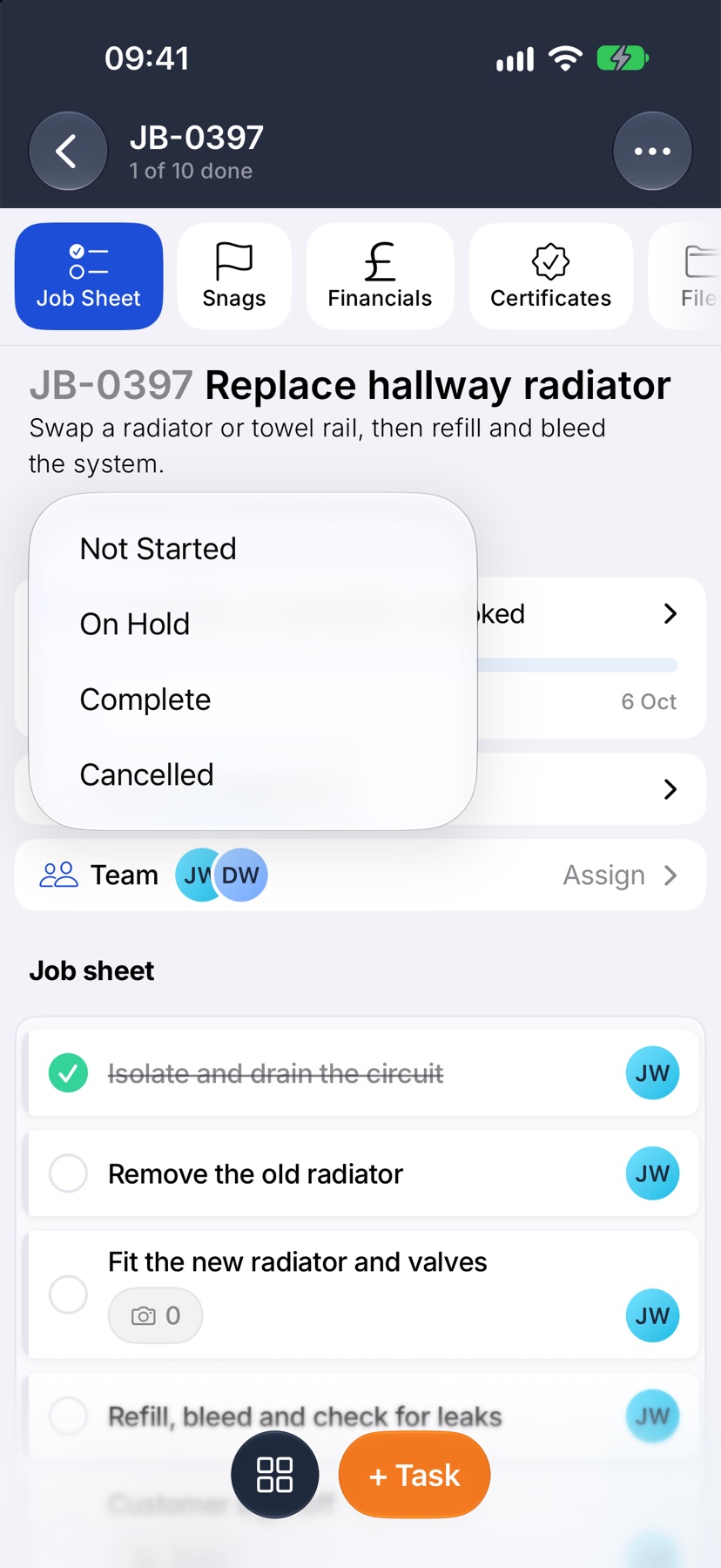 A job page with the status menu open, listing Not Started, On Hold, Complete and Cancelled