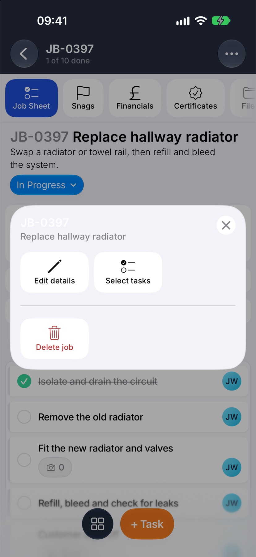 The three-dot menu on a job showing Edit details, Select tasks and Delete job