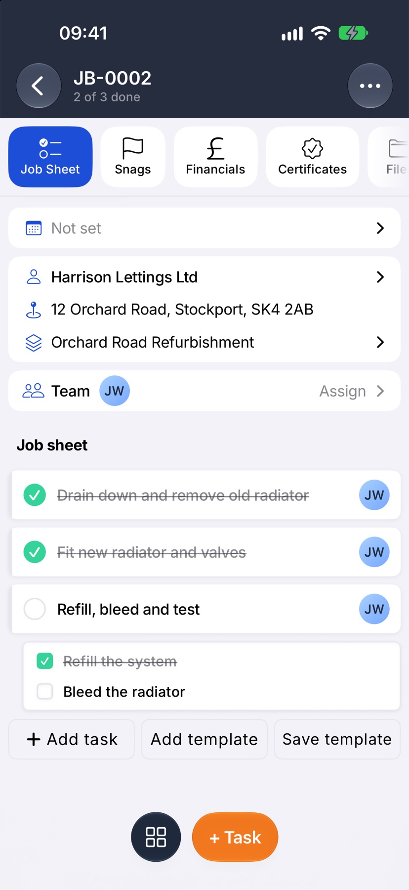The job sheet with two sub-tasks listed under the task Refill, bleed and test, the first ticked and struck through