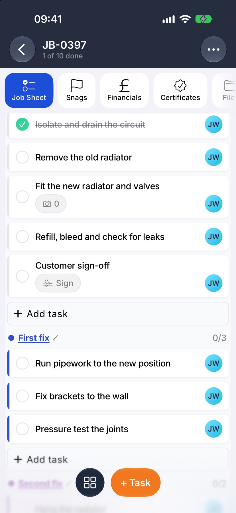 A task card on the job sheet showing a camera capsule reading 0
