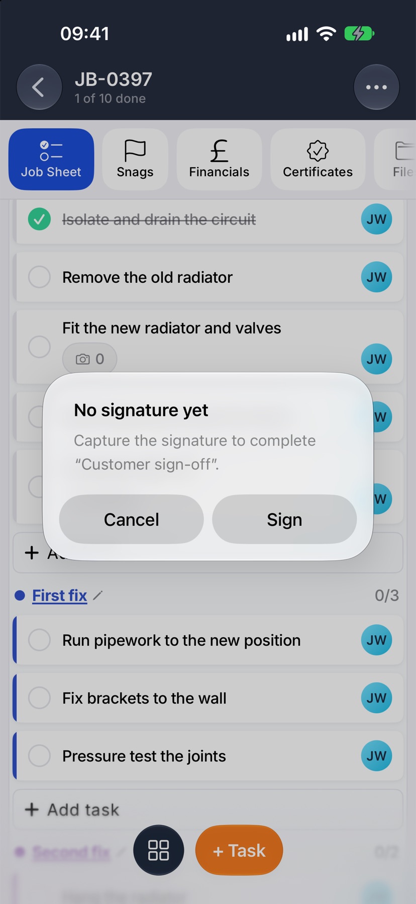 The No signature yet message over the job sheet, with Sign and Cancel