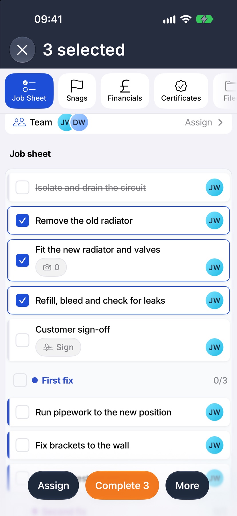 The job sheet in selection mode with three tasks ticked and the bottom bar showing Assign, Complete 3 and More