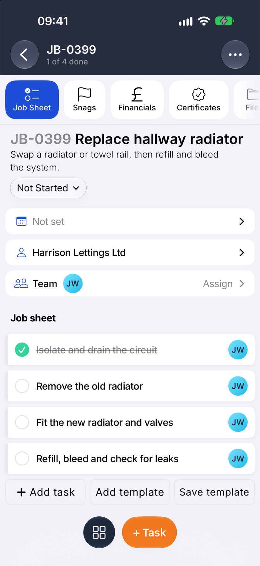The same job sheet with the first task ticked green and struck through, and the others still open
