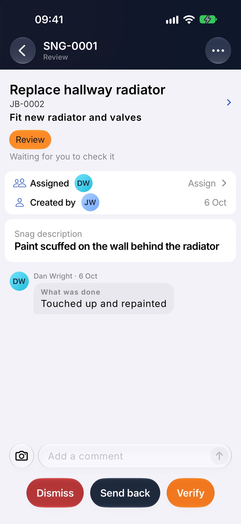 A snag page in Review with the bottom bar showing Dismiss, Send back and Verify