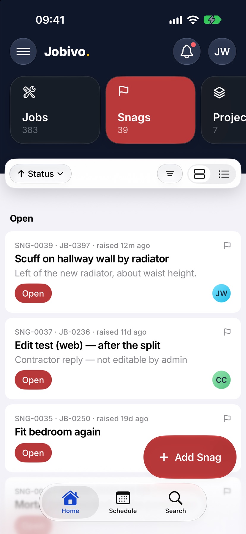 Home with Snags selected at the top, showing snags listed under Open and the Add Snag button at the bottom right