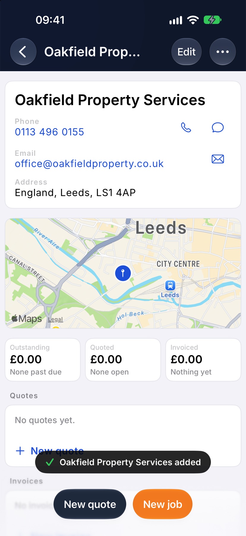 The new customer's page for Oakfield Property Services just after saving, with the 'Oakfield Property Services added' message showing and New quote and New job at the bottom. No ring