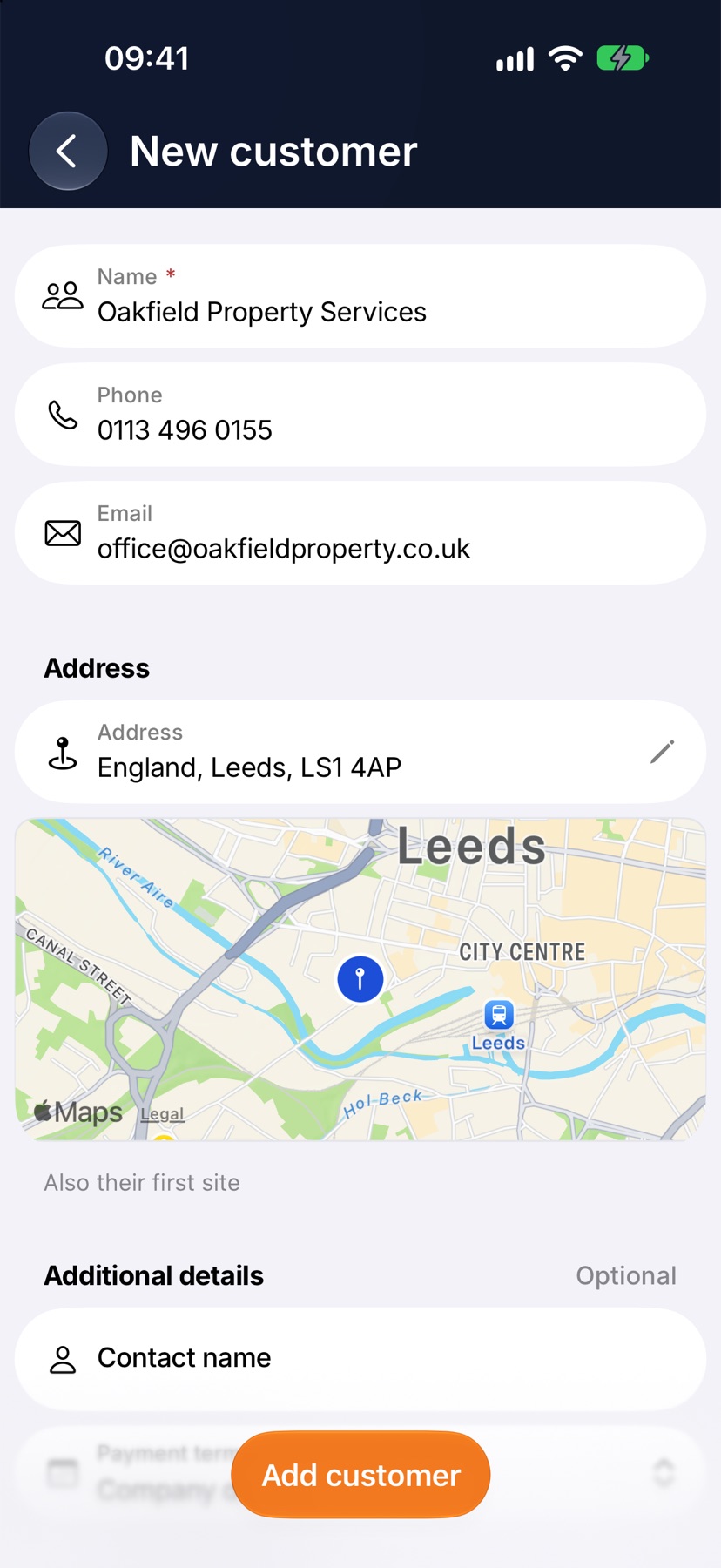 The New customer form after an address is picked, showing the address on one line with a map under it