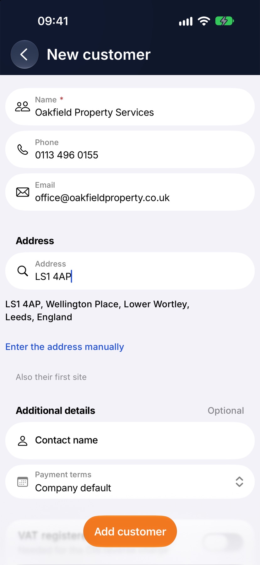 The New customer form with a postcode typed into the Address search field and a list of matching addresses below it