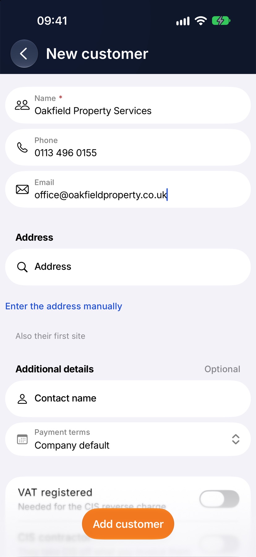 The New customer form with Name filled in as Oakfield Property Services, plus a phone number and a made-up email
