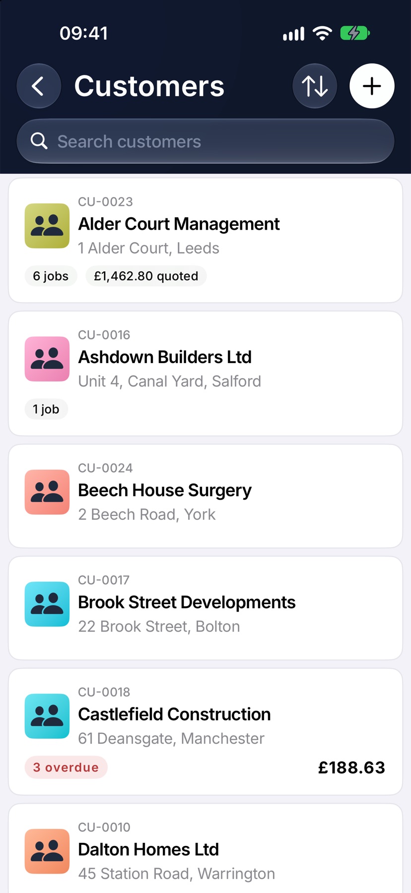 The Customers list with a few customers including Oakfield Property Services
