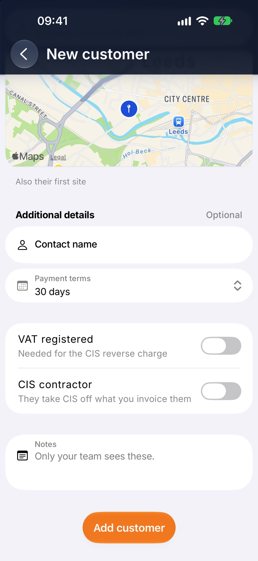 The filled New customer form for Oakfield Property Services