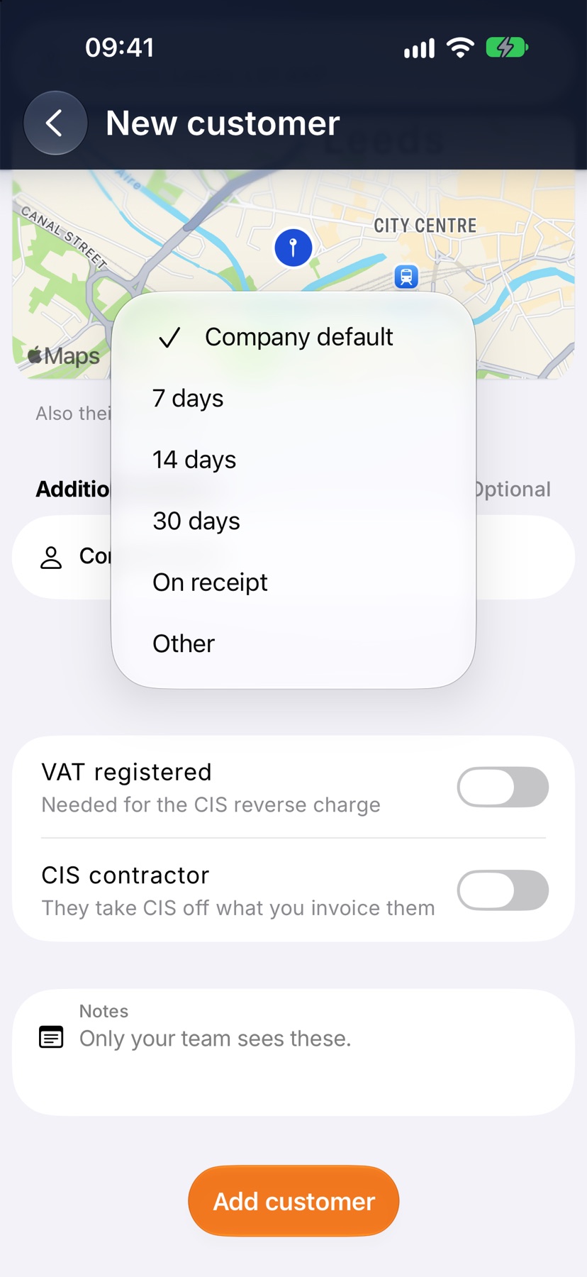 The New customer form scrolled to Additional details, with the Payment terms menu open showing Company default, 7 days, 14 days, 30 days, On receipt and Other