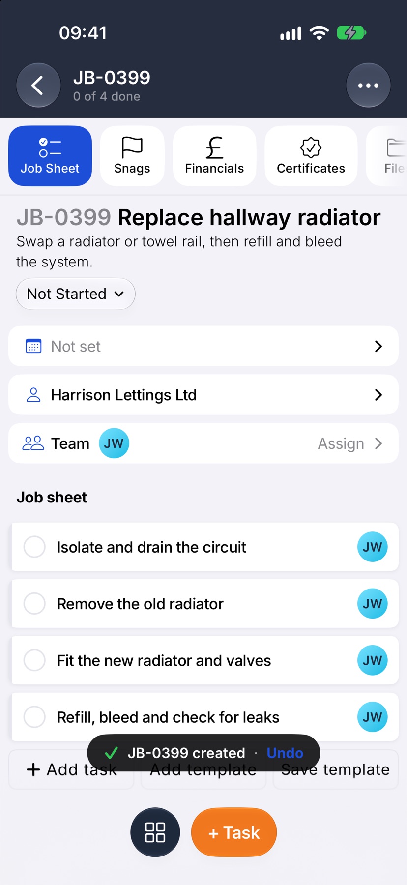 The new job open on its Job Sheet tab with the template's four tasks and the created message