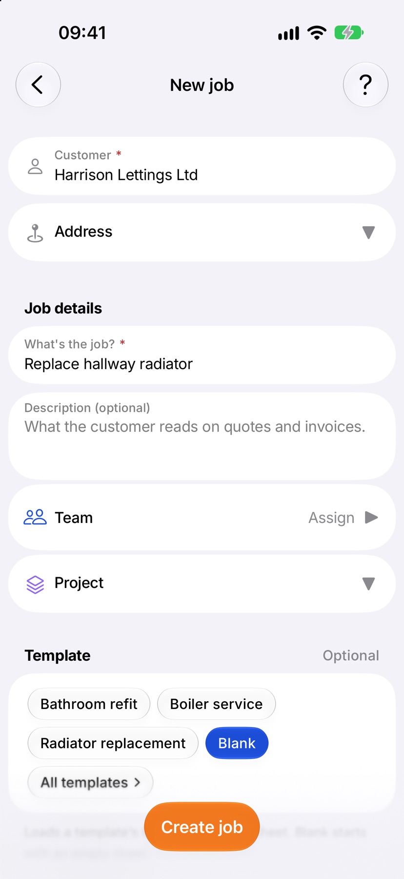 New job with the customer chosen and the job name typed in