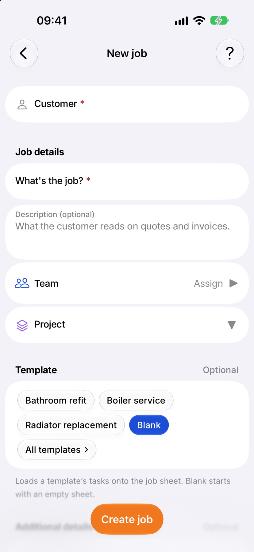 The New job form as it opens, with Customer at the top