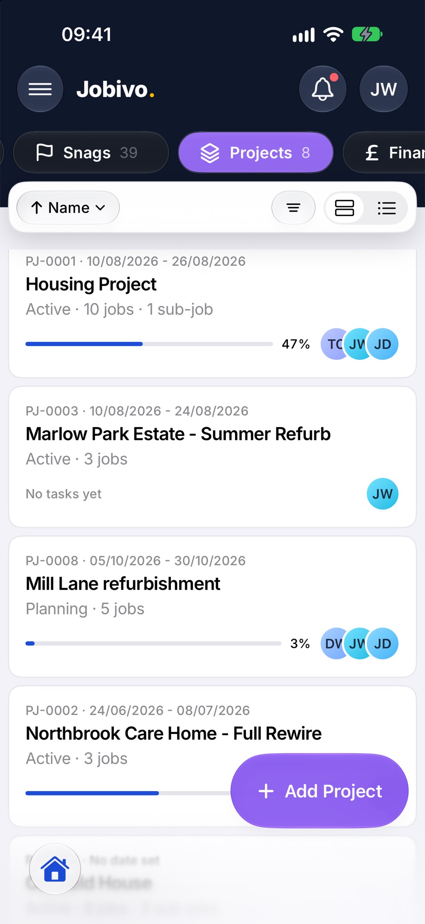 Home with Projects selected at the top and the Add Project button at the bottom right