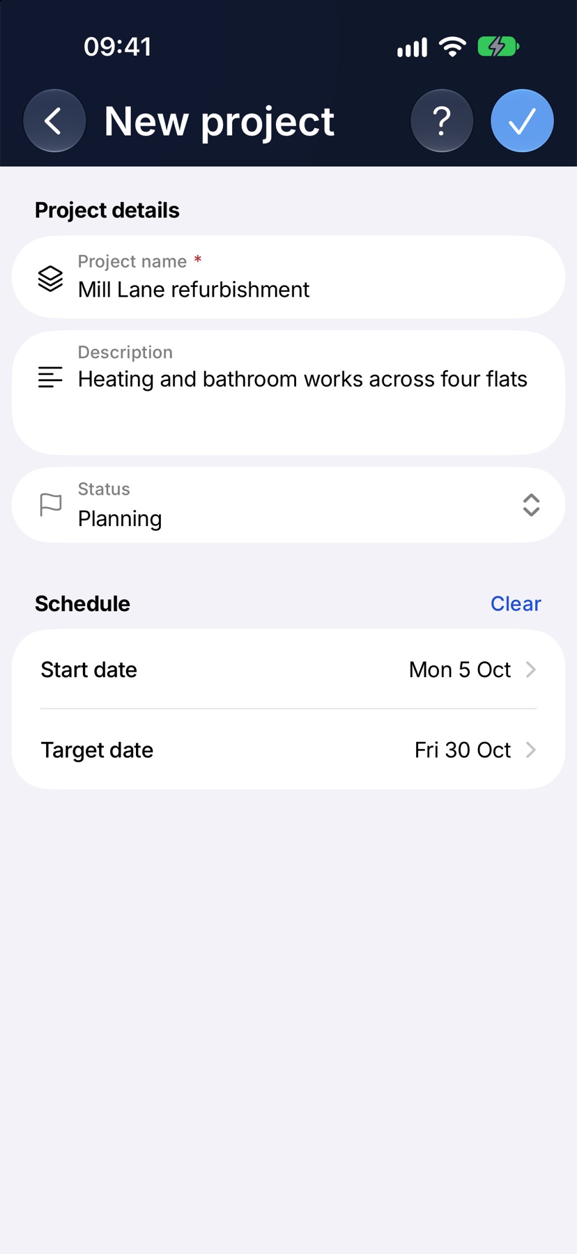 The filled New project form