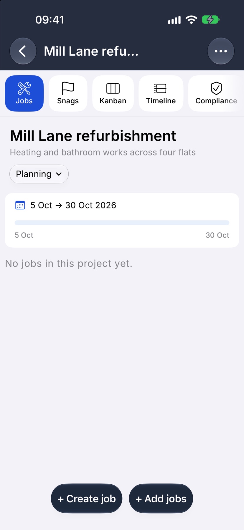 The new project open on its Jobs tab, reading No jobs in this project yet, with + Create job and + Add jobs at the bottom