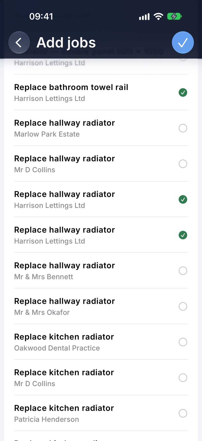 The Add jobs screen listing jobs with their customer names, three of them ticked including Replace hallway radiator for Harrison Lettings Ltd
