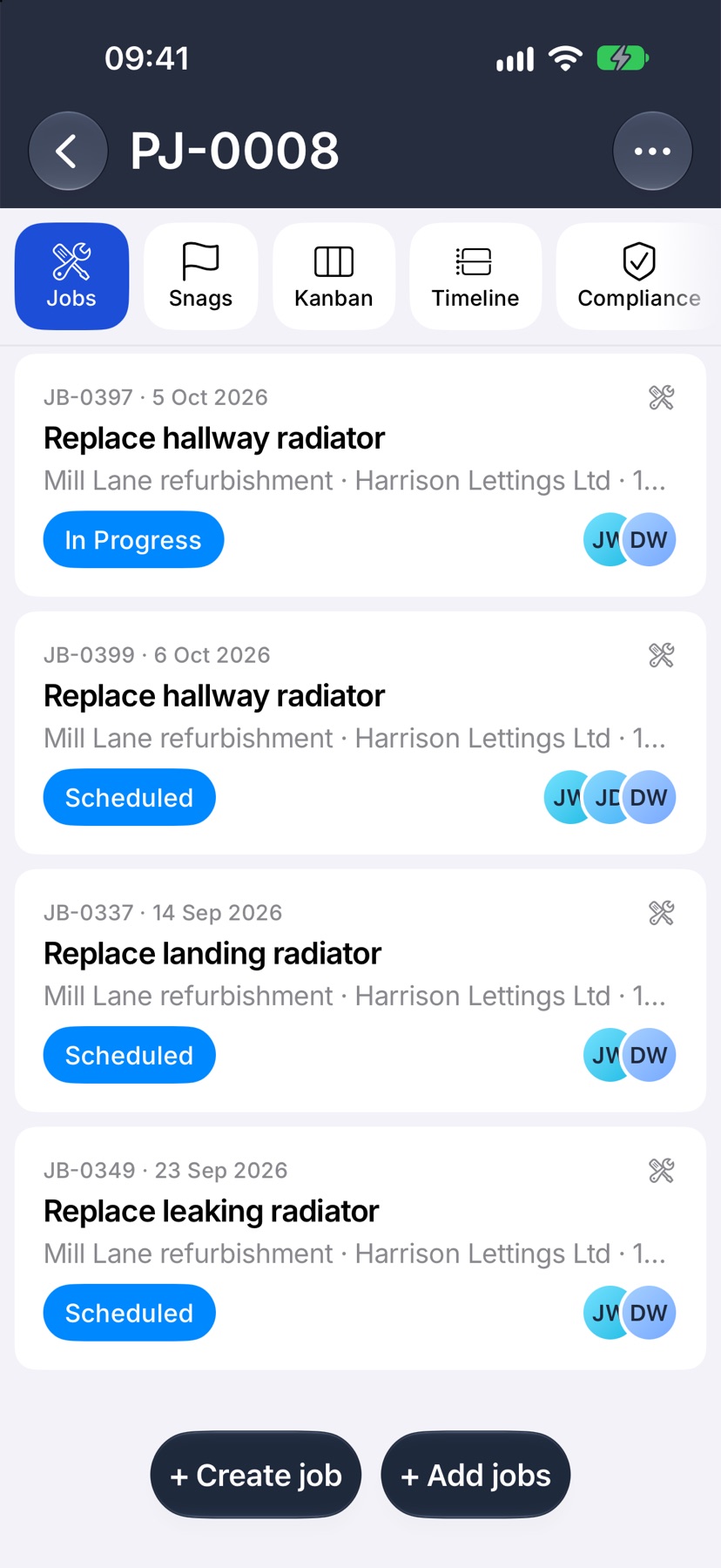 A project's Jobs tab with four job cards and the two buttons at the bottom