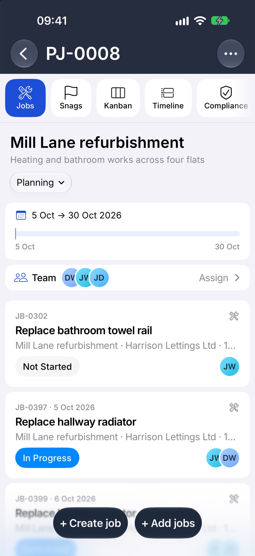 A project's header showing the name, status, dates card and the Team card reading Assign
