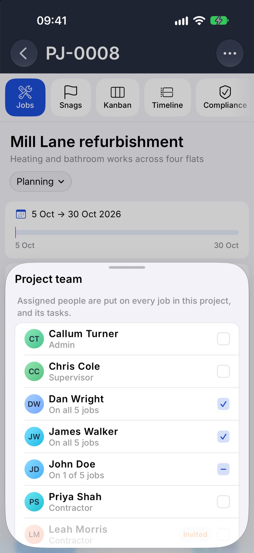 The Project team sheet with two members ticked and reading On all 5 jobs