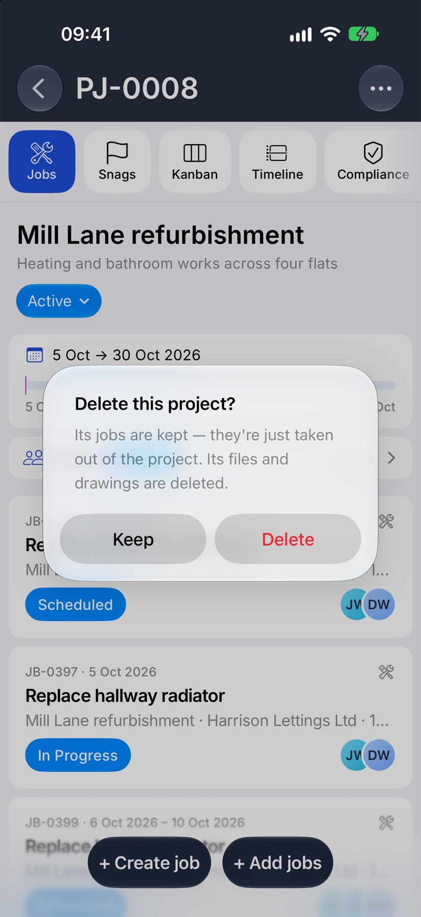 The Delete this project? alert over a project page, with its message about jobs being kept and the Delete and Keep buttons