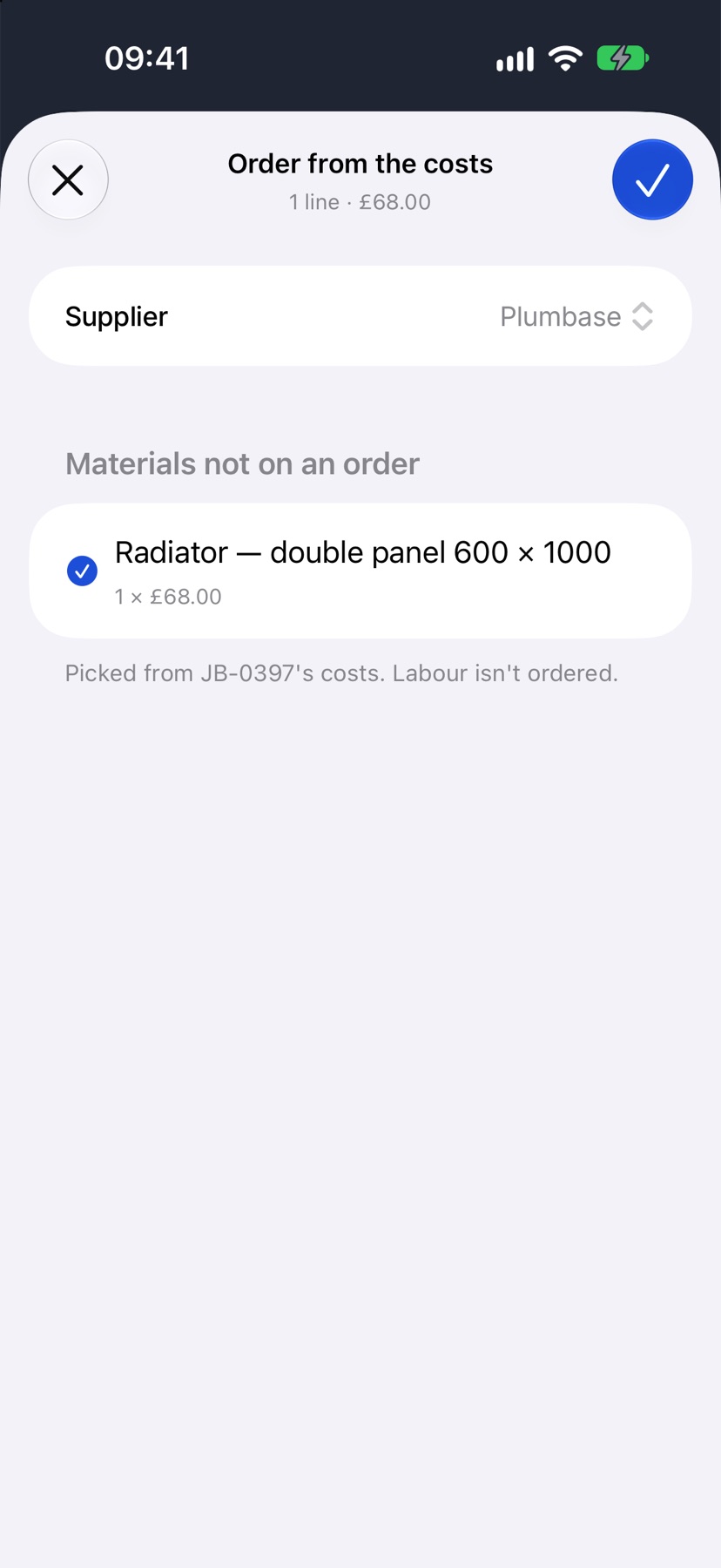 Order from the costs, with a supplier chosen and the job's material ticked