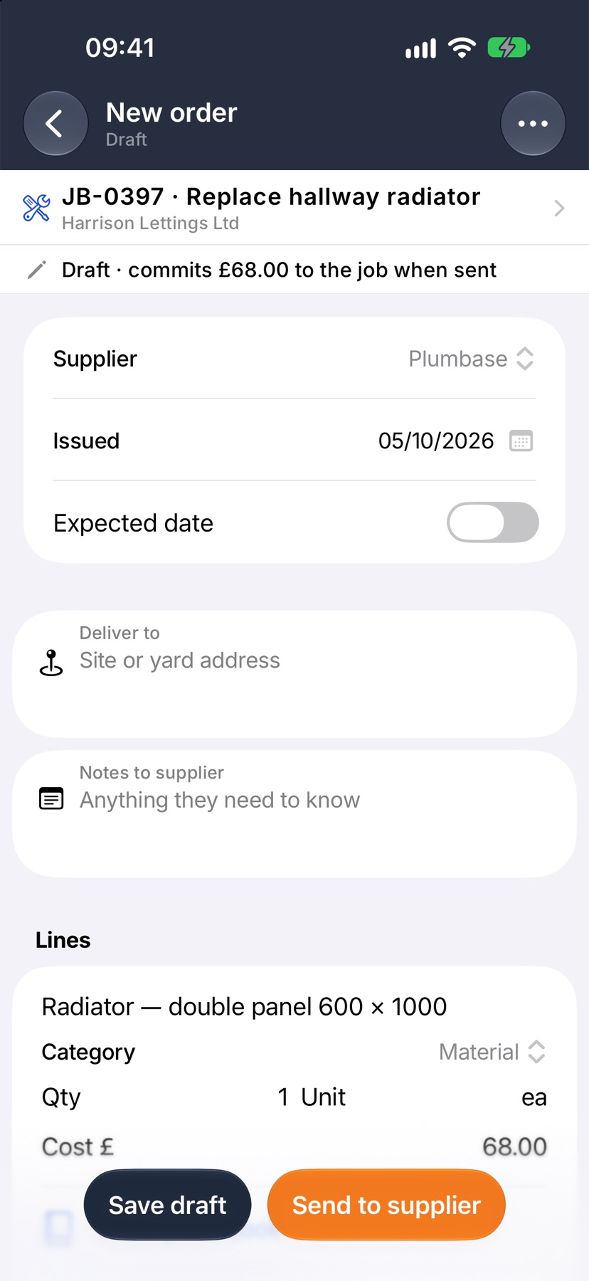 The draft purchase order with the supplier, dates and its line, and Save draft and Send to supplier buttons