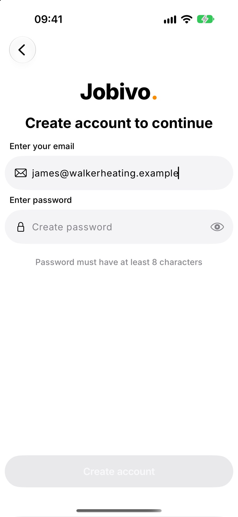 The Create account to continue screen with a sample email typed in and the password field below