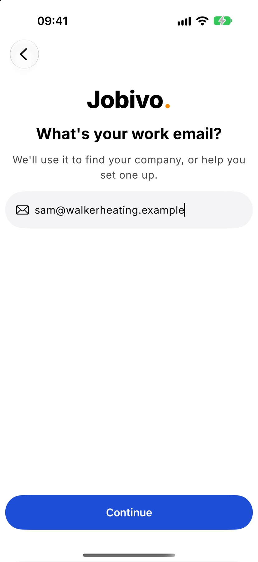 What's your work email? with a sample work email typed in