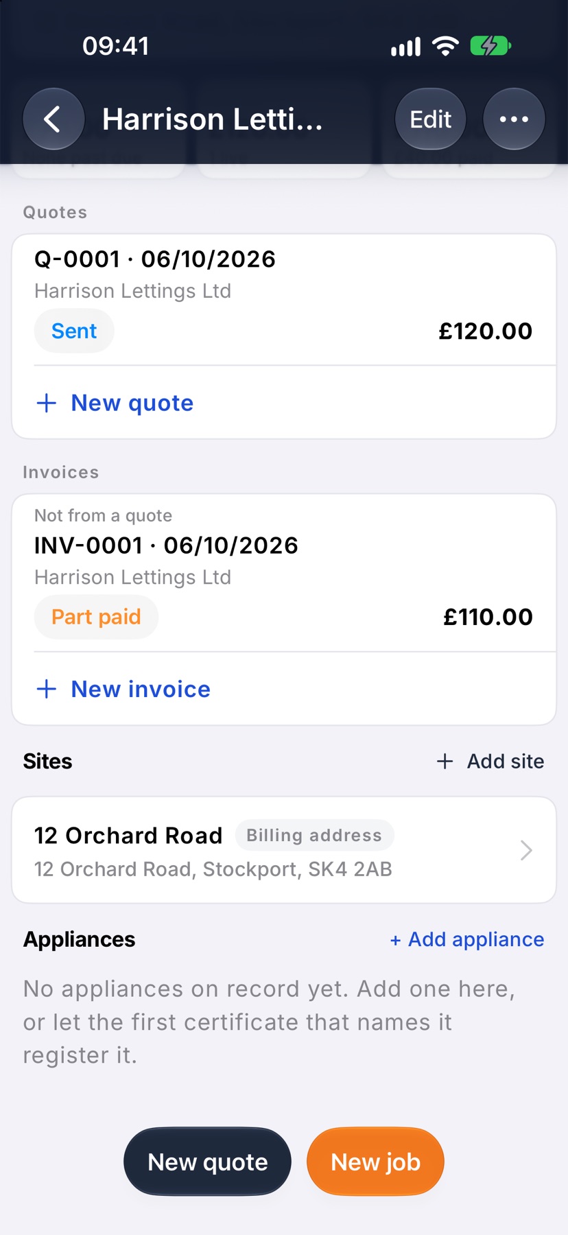 The Harrison Lettings Ltd customer page scrolled to the Sites section with one site badged Billing address, and the Appliances section below