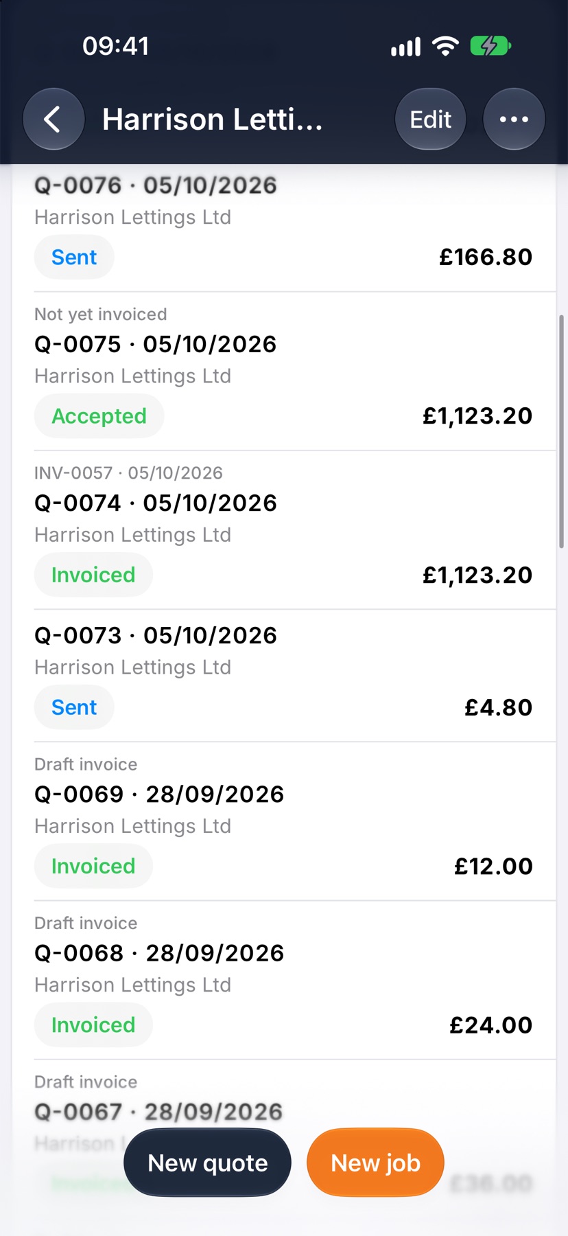 The Harrison Lettings Ltd customer page scrolled to the Quotes section, each quote with its status and amount