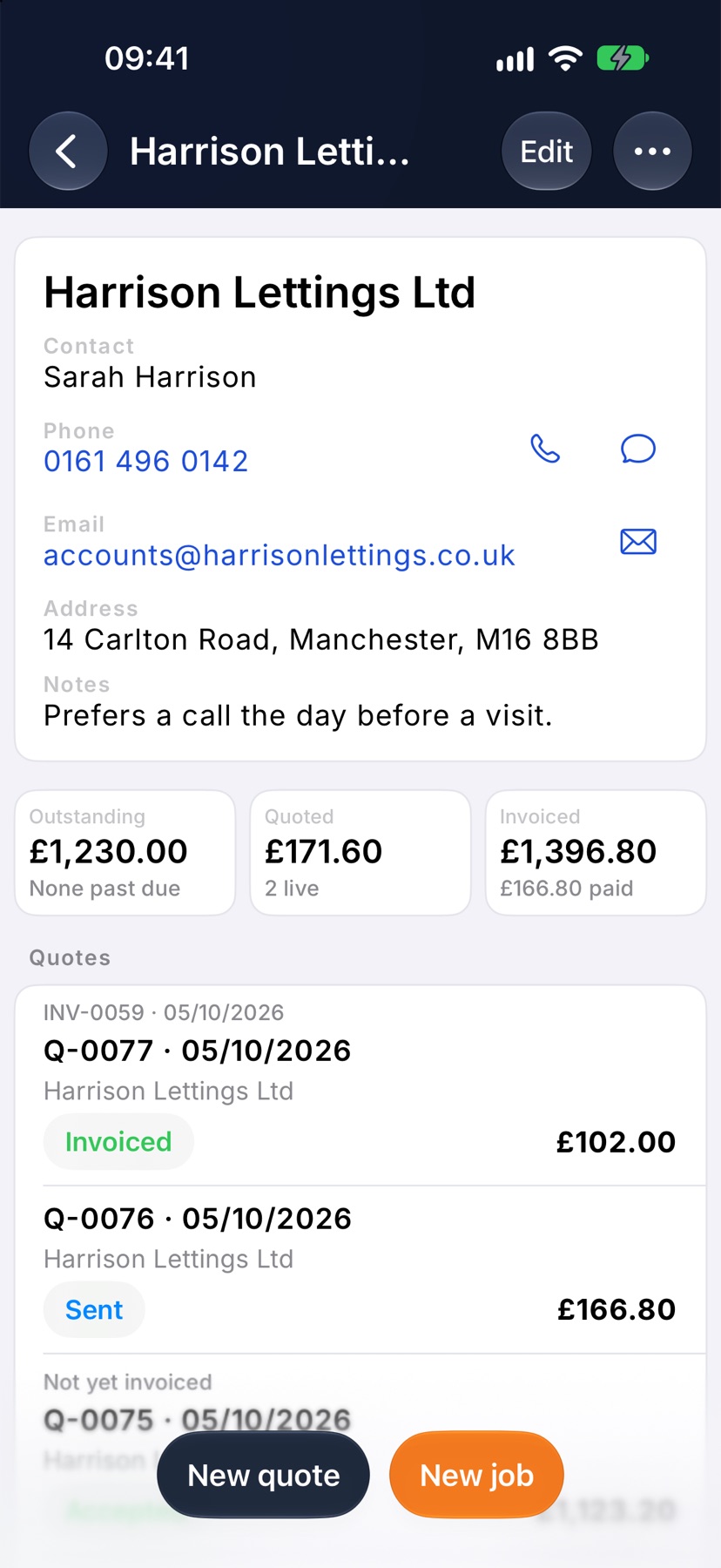 The top of the Harrison Lettings Ltd customer page showing the name card with Contact, Phone, Email, Address and Notes, and the map below